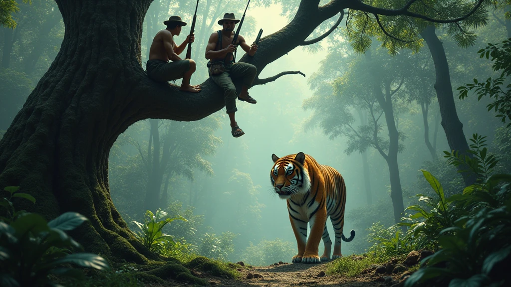​ Two Indonesian hunters with guns stand in a tree staring under the mail, an Indonesian man in the shape of a tiger stands under a tree​ 8k  