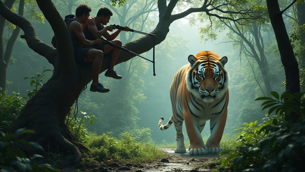 ​ Two Indonesian hunters with guns stand in a tree staring under the mail, an Indonesian man in the shape of a tiger stands under a tree​ 8k  