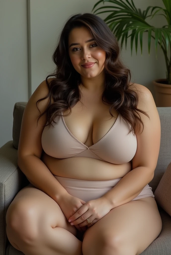 24 year old brunette Spanish woman, dark eyes, corpulent, gym body, thick gym legs, realistic, hyper realistic, living room background. Modern furniture, highly detailed, 4k, lying on the sofa. Beautiful. Perfect body, big ass, Outfit: Red top with short, tight straps and some black threads. smiling face black hair, full body, slim woman, sexy poses, THICC body