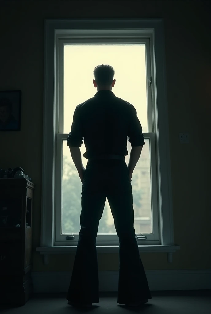 A man seeing in window in black shirt and black sunglasses and bell bottom pant on his leg