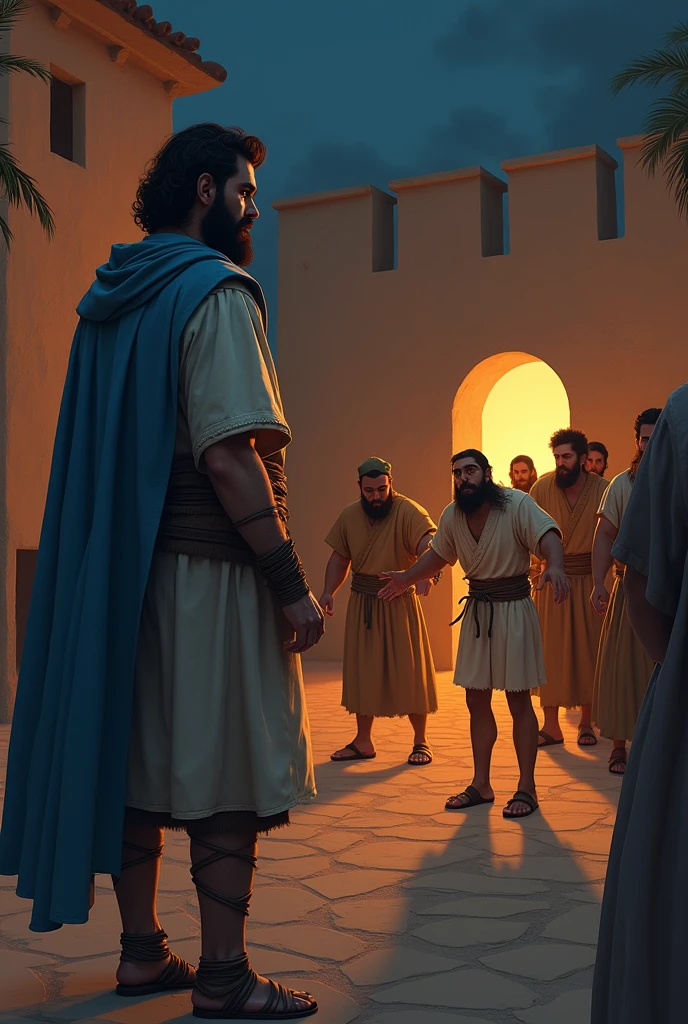 A Caucasian man with a beard and brown hair, thesis clara, bone-colored tunic dress with elbow-length sleeves, short brown skirt, simple leather belt at the waist, sandals with strings up to the shins, sky blue cloak, while standing outside a 1st century Jewish mansion, at night, where there is a campfire, He watches as a group of Jews drag a man with a beard and long hair out of the house, straight nose, Jewish eyes and a light bone-colored tunic, with hands tied