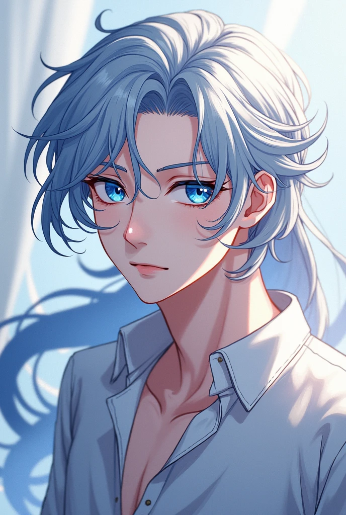 anime character, silver hair, blue eyes, pale skin, curly hair, long eyelashes , male