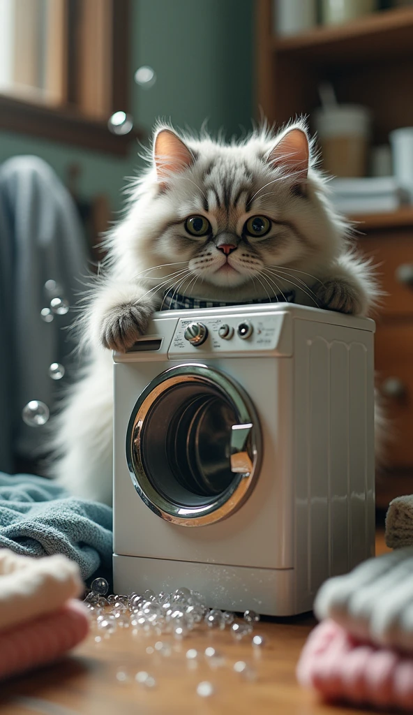 A Persian cat wearing a tiny apron is operating a miniature washing machine, bubbles everywhere, laundry day, hyperrealistic