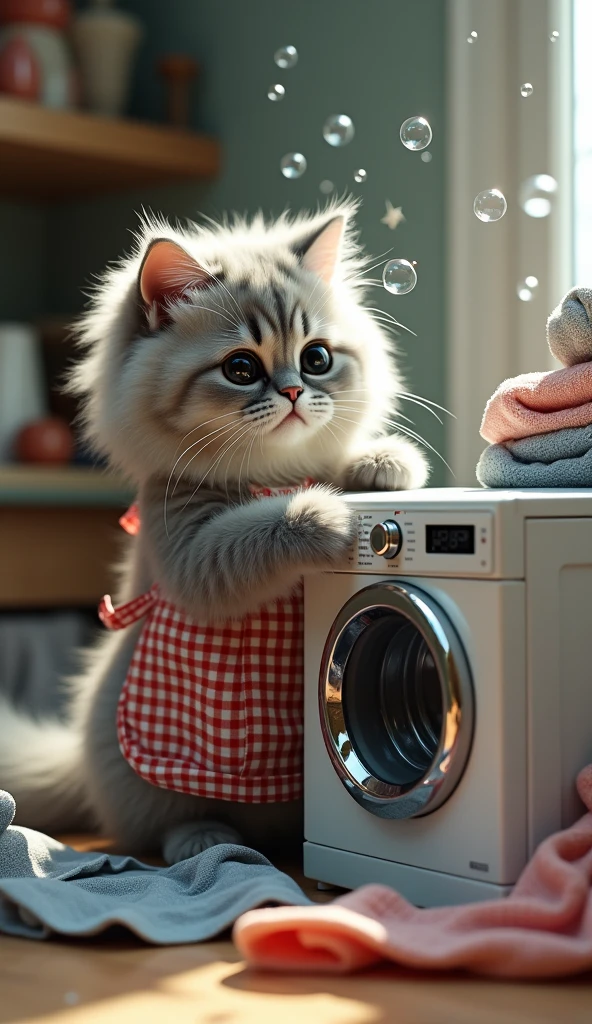 A Persian cat wearing a tiny apron is operating a miniature washing machine, bubbles everywhere, laundry day, hyperrealistic