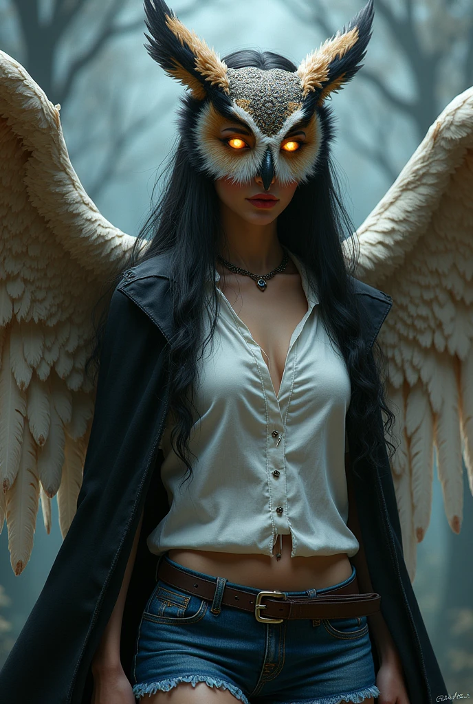 A white latina with black hair, hourglass body, wearing a white medieval shirt with a blue short and a black large coat. Her face is covered by owl like feathers, her eyes are golden, her ears are like a Great Horned Owl.