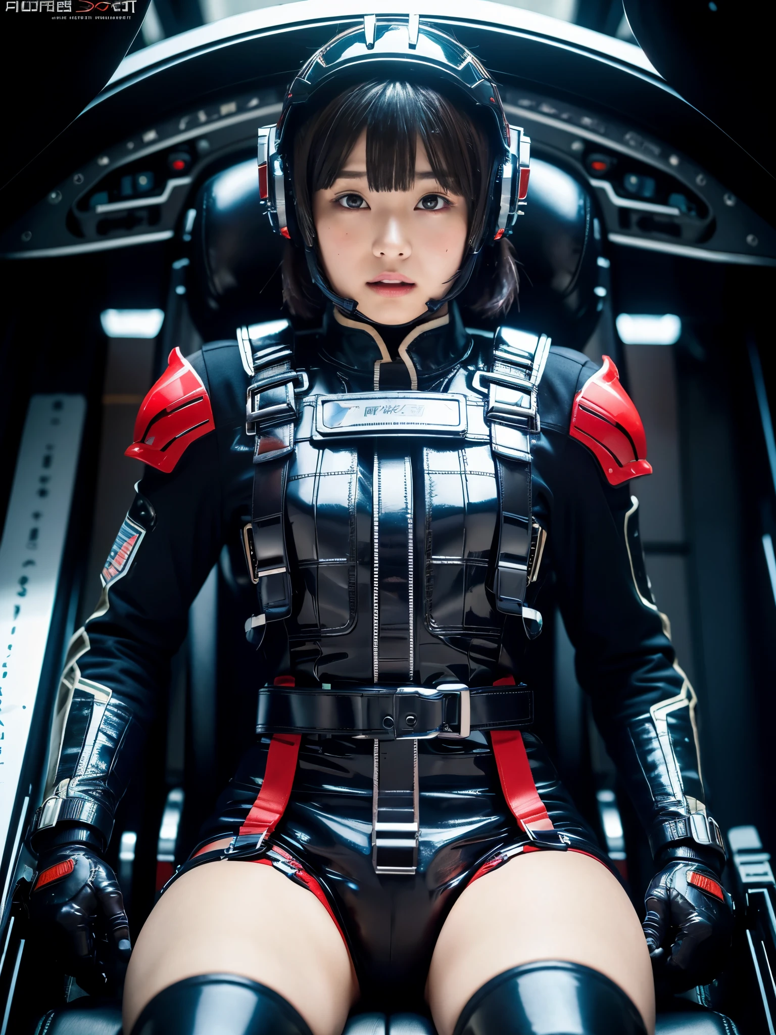 masterpiece, Highest quality, Very detailed, Japanese Android girl,Plump,Slightly thicker,Control panel,Android,cyborg,Blunt bangs,Sitting in the cockpit,Red combat uniform,Harness Belt,Helmet