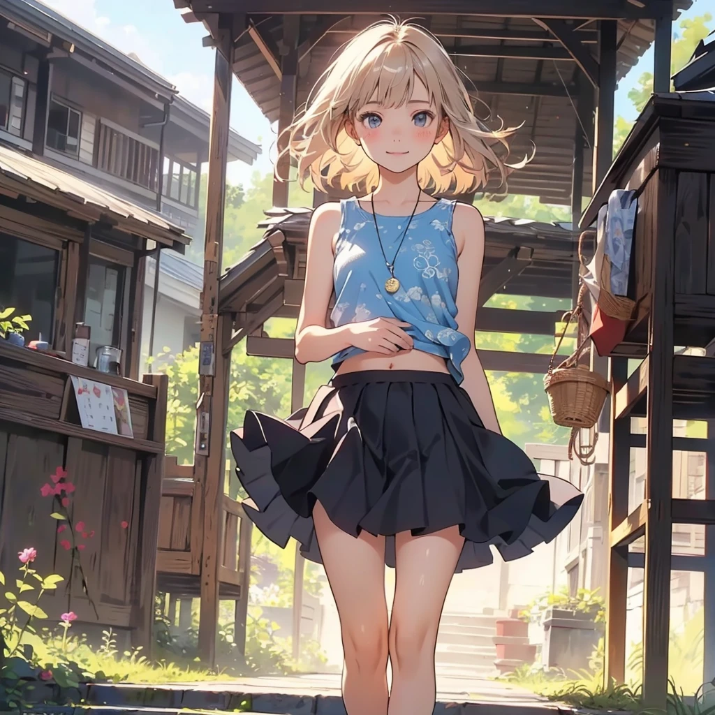 reasonable design, Clear lines, High Sharpness, (highest quality,8K,Perfect sharpness,Ultra fine,High resolution,masterpiece:1.2), Perfect Anatomy:1.5, Official Art, Illustrations that tell a story, (Whitish background:0. 9)、Body Positivity、More Mr.Physical expression、(Random and mischievous poses)、Perfect beauty、Perfect beautiful face、Strong winds、A rich expression、Dynamic composition、smile、Golden ratio composition、colorful、(Mr.Different angles and perspectives)、anime art、y)、 Glowing Skin、(Natural beauty)、smile、bangs、Straight blonde Hair、(Soft and flowing hair)、(Rural Scenery)、(Nostalgic atmosphere)、Insert up to the thighs、(Playful and carefree)、(More Mr.Ethnic characters)、(innocent attitude)、(Sunny atmosphere)、Skirt flipped up and showing panties、(Bright colors)、Belly button exposed、Beautiful blue Eyes、A skirt fluttering in the wind、Put it in to your feet、Some composition patterns、Tank top、sensuous、Geometric pattern、、(SOLO)