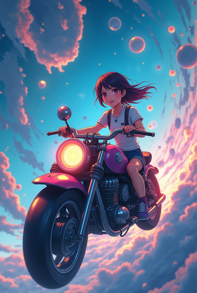 Japanese anime style,A woman riding a term machine,Flying through the virtual currency space,Traveling to the past,8k