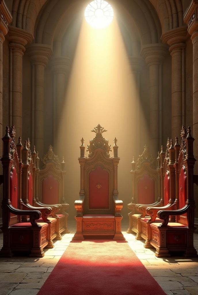 7 antique king chairs in an old castle with a ray of light illuminating all the chairs 
