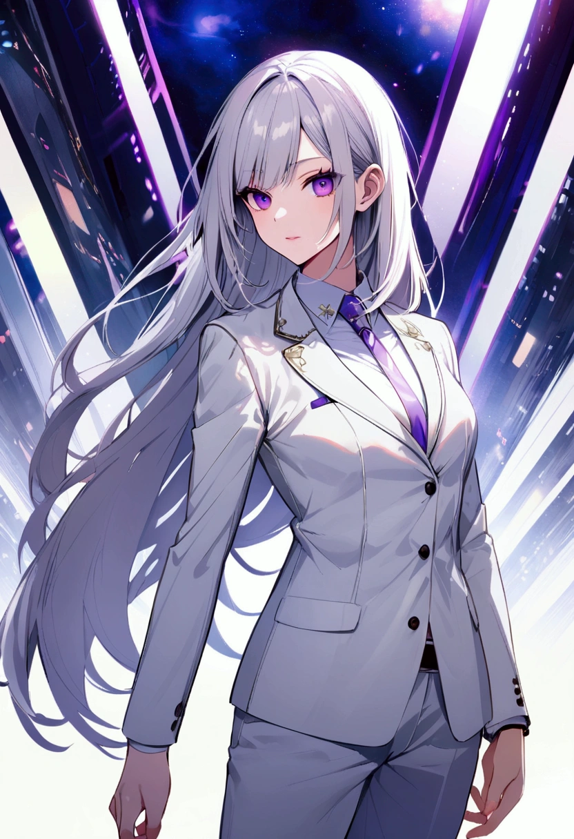 silver hair, Slightly long hair, purple eyes, reply, White suit