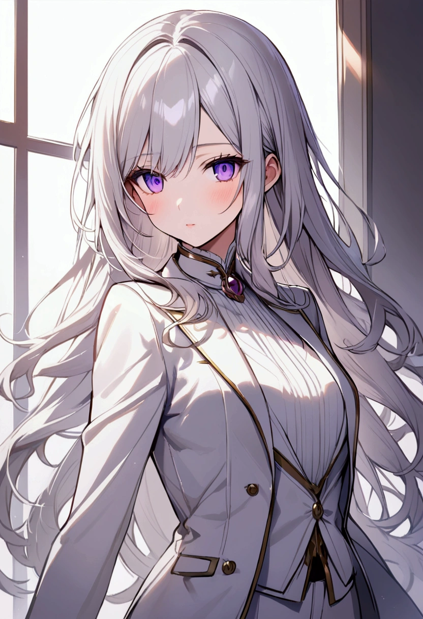 silver hair, Slightly long hair, purple eyes, reply, White suit