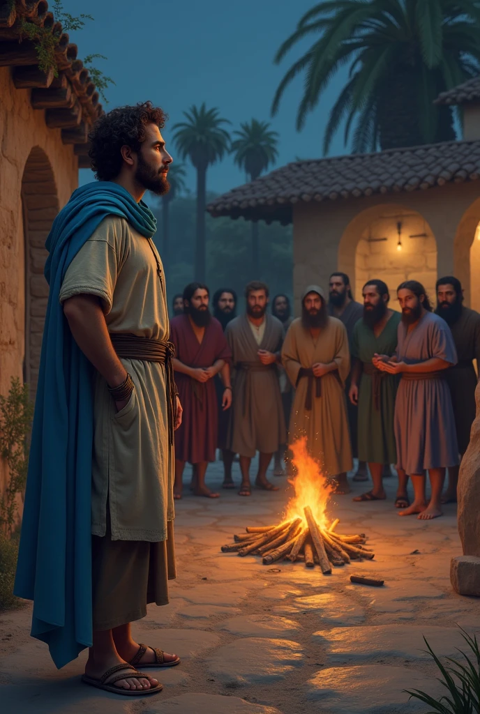 Realistic image of a Caucasian man with a beard and brown hair, thesis clara, bone-colored tunic dress with elbow-length sleeves, short brown skirt, simple leather belt at the waist, sandals with strings up to the shins, sky blue cloak, while standing outside a 1st century Jewish mansion, at night, where there is a campfire, He watches as a group of Jews drag a man with a beard and long hair out of the house, straight nose, Jewish eyes and a light bone-colored tunic, with hands tied 