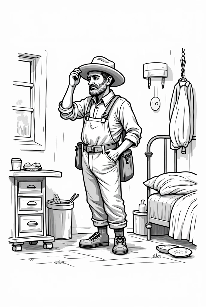 Create a black and white drawing but you can see it about a farmer man getting dressed in his room and grabbing his hat and a bag. Don't make it too realistic that you can draw it , make it less realistic