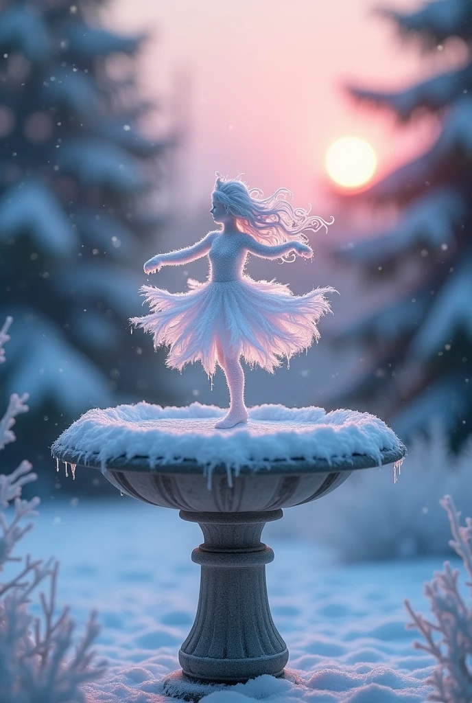 An ultra-realistic and highly detailed image of a sculpture made entirely of translucent ice, representing a ballerina dancing. The sculpture is situated in a snow-covered garden. It is snowing, and there is abundant natural light. The image captures the entire scene. The scene is captured with a Canon EOS 5D Mark IV paired with a 24-70mm f/2.8L II USM lens, ensuring stunning clarity and rich details. The lighting is soft and diffused, with the natural light highlighting the delicate features of the ice sculpture and the surrounding snowy landscape. The aspect ratio is 9:21, emphasizing the vertical composition