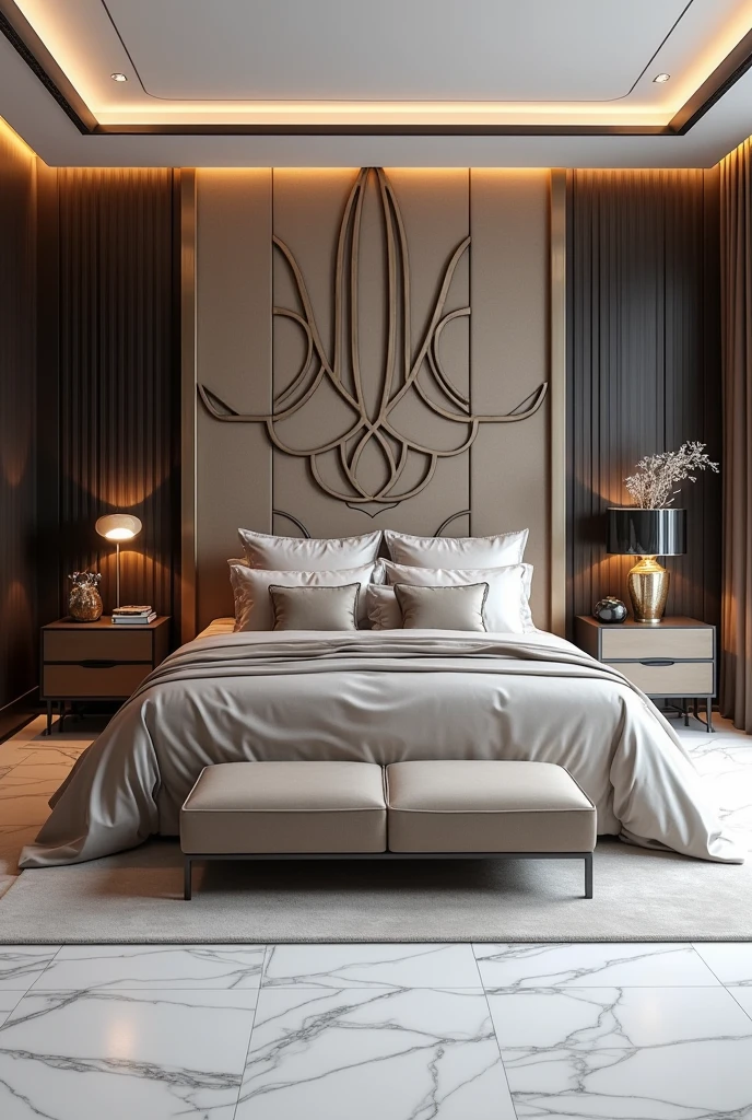 A modern bedroom design
A little heavy looking design
Bed backboard should have a design 
More creative and unique
The floor should have a white marble and it should match the room design
Backboard should be unique and high