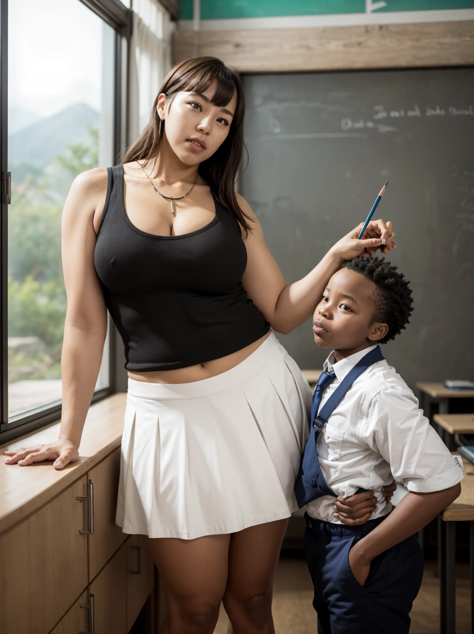 (Mature southkorean!woman & little gradeschooler african!boy), BREAK, Teacher girl, mouth open, 42yo sensual southkorean l!milf teaching in secluded poor african (gradeschool shack) deep by the Kenya forest. dark hair with bangs, lipgloss, natural make-up, simple necklace, the girl wearing sleeveless short with vest and pencil skirt, her arms behind head, fleshy milf's arms, gradeschooler homeroom teacher, standing confidently, cupboard, dirty minimalist gradeschool with 1 african!boy gradeschooler student, chatting with 1 tiny african!boy, tiny gradeschooler african!boy wearing dirty school uniform, masterpiece, best quality, best result, mature female, BREAK, scenario: the gradeschooler hitting her off, the school is really minimalist and deep in the mountain, school for the poor, BREAK, (FOCUS: MATURE FEMALE SOUTH KOREAN & TINY LITTLE AFRICAN BOY), the boy mus be african!fat_boy,