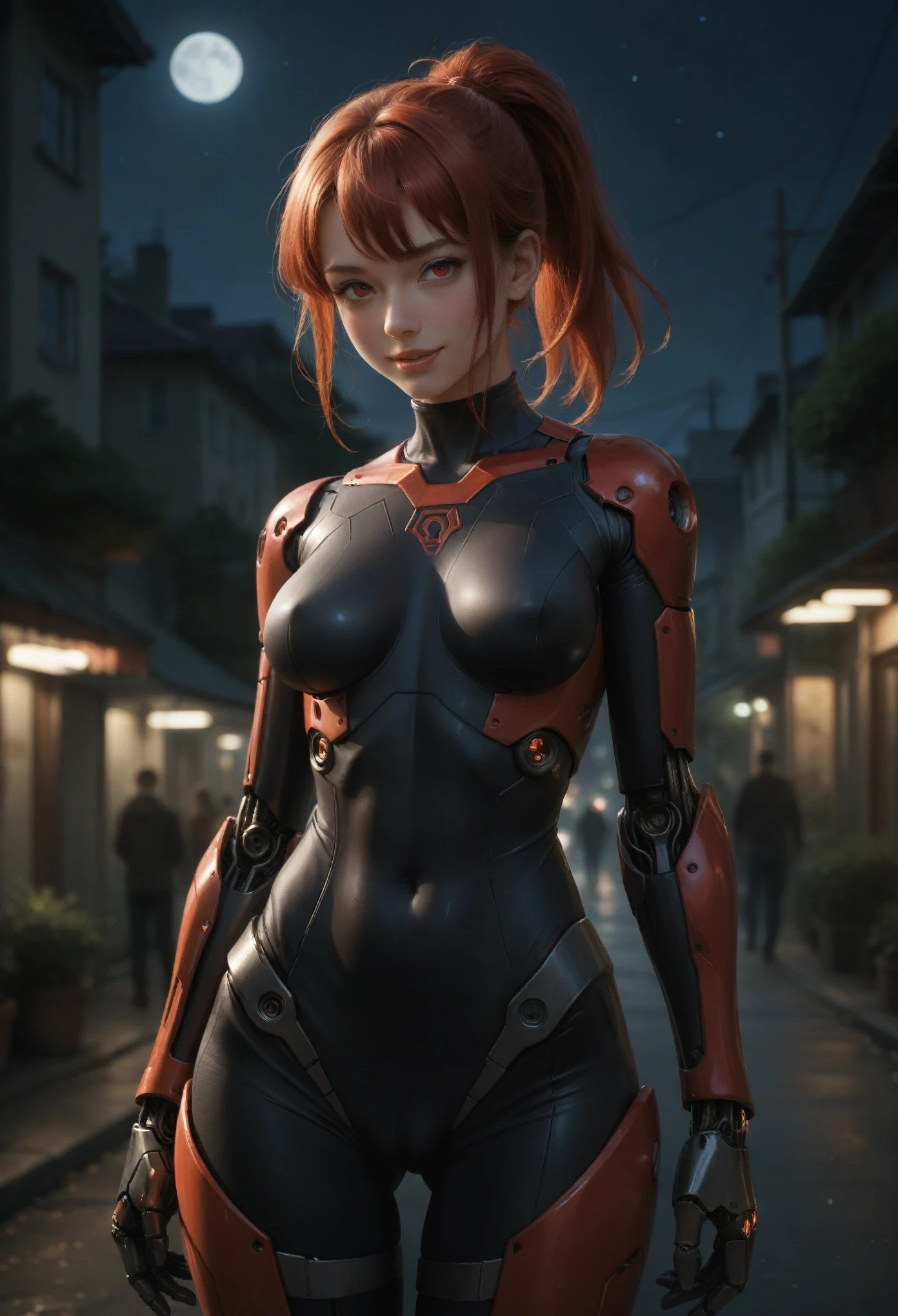 score_9, score_8_up, score_7_up, score_6_up,
1girl, solo, , red_eyes, looking_at_viewer, smile, joints, hands_on_hips, ponytail, red_hair, mechanical_arms, outdoors, bangs, parted_lips, bodysuit, night, robot_joints, medium_breasts, bare_shoulders, covered_navel, science_fiction