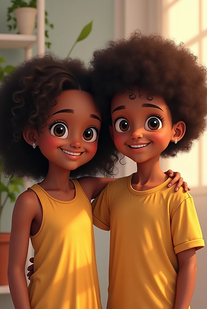 Picture of twins, Girl and boy. Dark complexion and wavy hair. They appear together in a happy and friendly environment