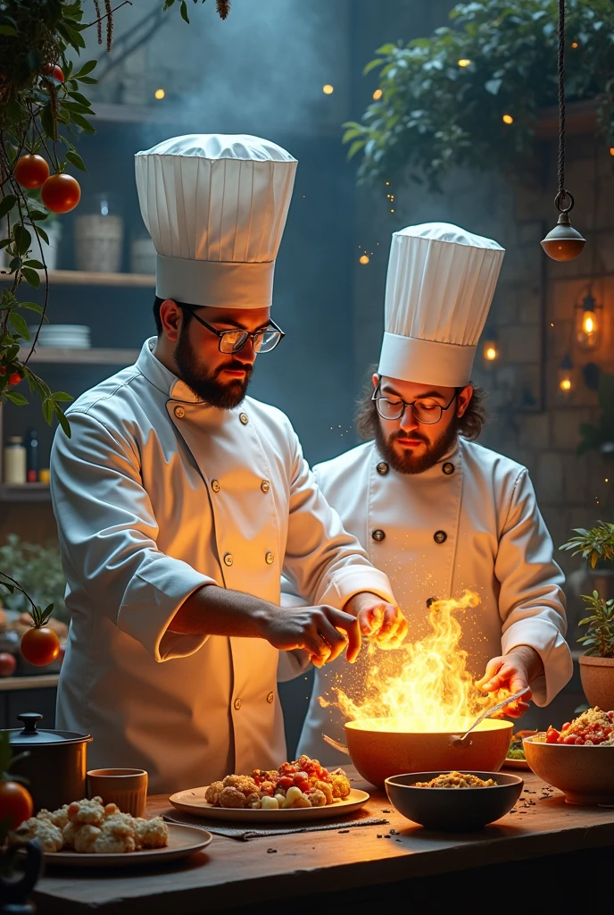 Chefs cook the food in magic style 