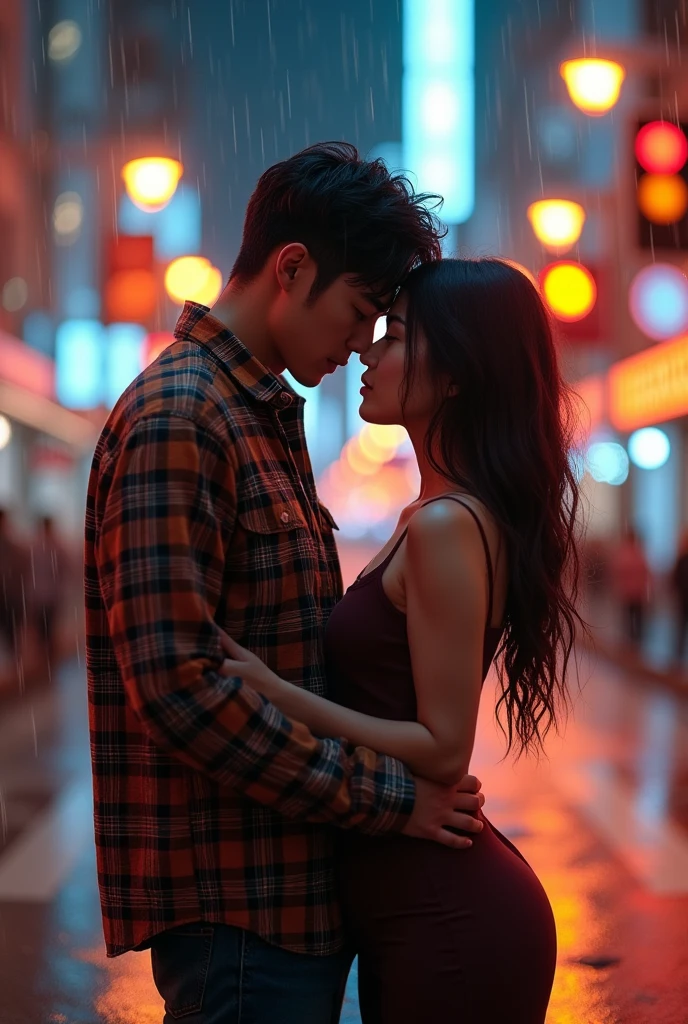 
A striking, ultra-detailed image of a young Korean couple romantic lift hug on a bustling night street. The man is dressed in a flannel shirt, while the woman is clad in a stylish, form-fitting dress. The city lights and traffic signals illuminate their surroundings, casting a warm, inviting glow. Dramatic light. Bokeh. Rain condition. The couple's expressions convey a deep connection and passion, as they share a tender moment in the vibrant urban setting.