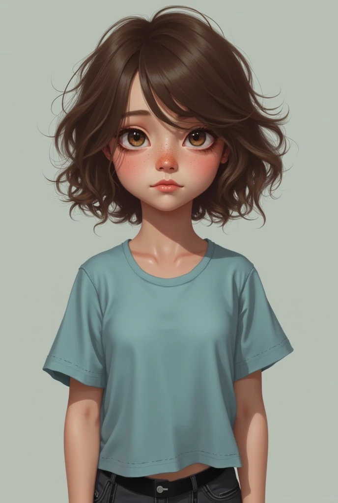 Realist woman, short, short wavy hair, Brown eyes, splattered nose, light blue t-shirt, short short, black socks with white stripes