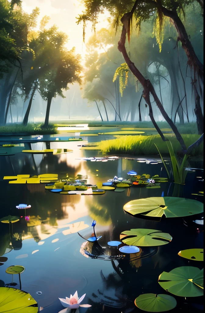 there is a pond with lily pads and water lillies in the water, a digital rendering by Juergen von Huendeberg, shutterstock, hurufiyya, pond with frogs and lilypads, scene from louisiana swamps, green lily pads, located in a swamp at sunrise, aquatic plants, lily pads, overgrown with aquatic plants, marsh vegetation