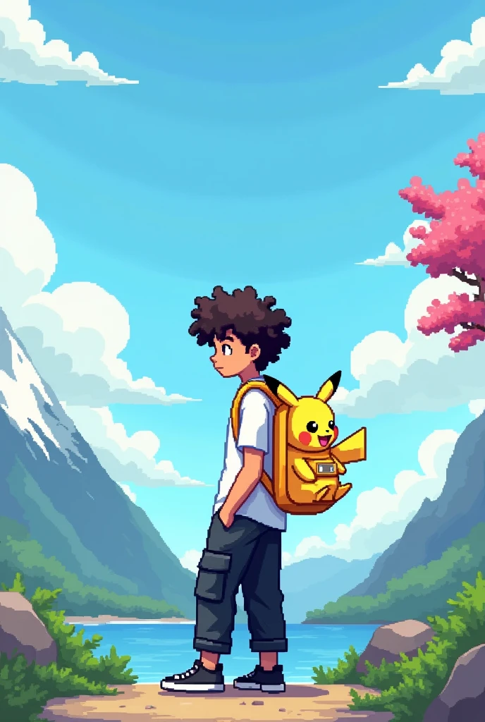 YouTube channel banner,theme pixelated blue sky with clouds,and a guy with curly hair,black cargo pants,white t shirt with a ganger Pokemon backpack.angle is the character in middle photo taken from back side and about 8feet away,more back and a little higher altitude make the angle more back and a Pikachu backpack make it more farr make the character straight and make the image atleast 20 feet away make the backpack a little small and expand the image with a mountain with some snow on top on the left side and a blossom tree at right side make it pixelated and a Pikachu backpack and black Jordan shoes,shoes is solid black make the Pikachu smiling and more cute and he has a skateboard in his left hand,make the skateboard matching to the environment make the image straight and pixelated and a little far back remove skateboard and make backpack a little small and make the image in 16:9 ratio make the character straight and the whole backpack is Pikachu theme make the image pixelated and hair curly and the character straight and about 20 feet away from the backside
