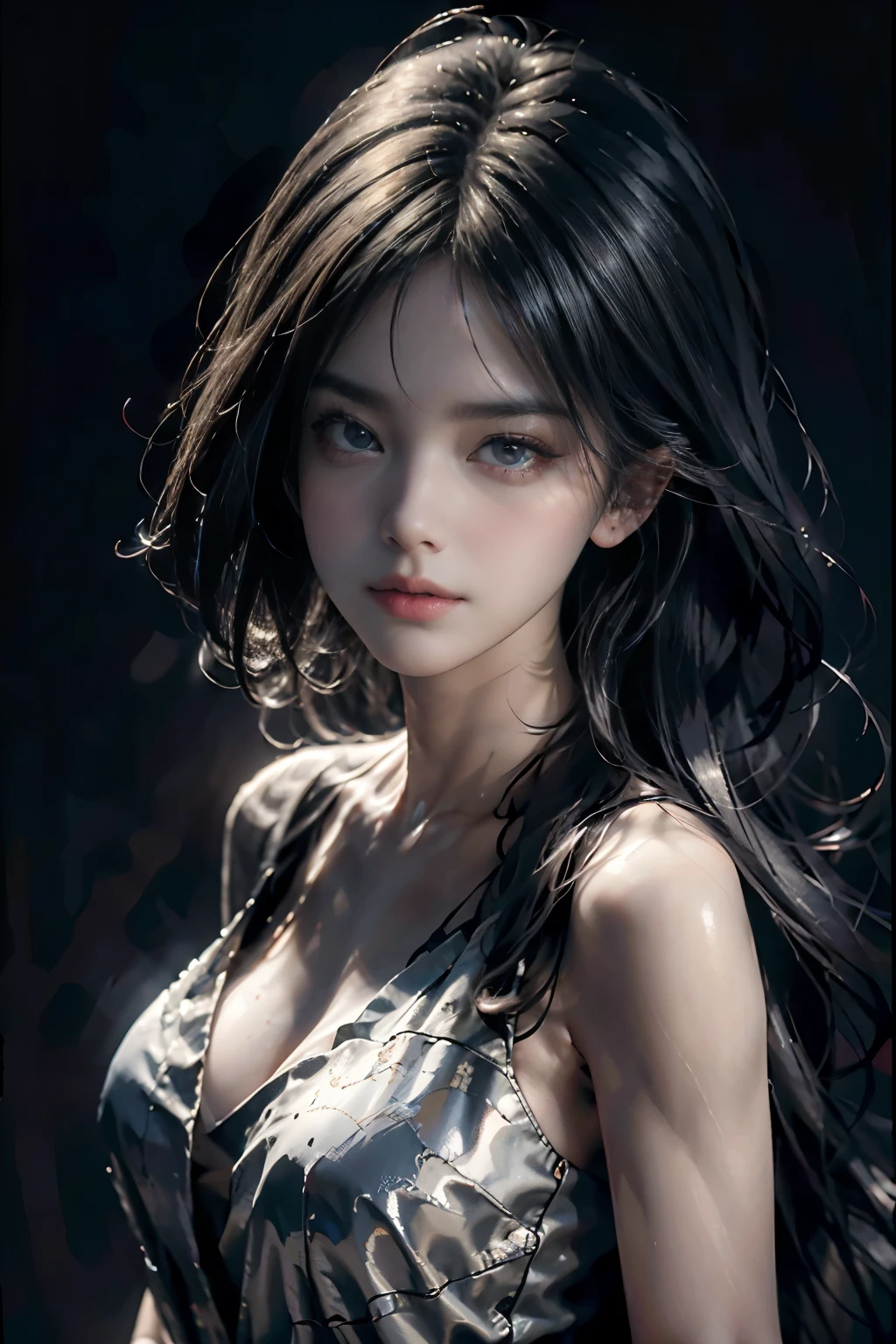 masterpiece, best qualitiy, RAW photos, realisticlying, A high resolution, hyper-detailing, Focus on the face, looking at viewer, Detailed eyebrows, realistic beautiful eyes, realistic glossy skin, straight Bangs, realistic movie lighting, detail shaded, high contrast, Slender, big boob, Big breasts, Exposed cleavage, open mouse, nsfw, Sexy face, Facial expressions when receiving pleasure, ((Dark background))