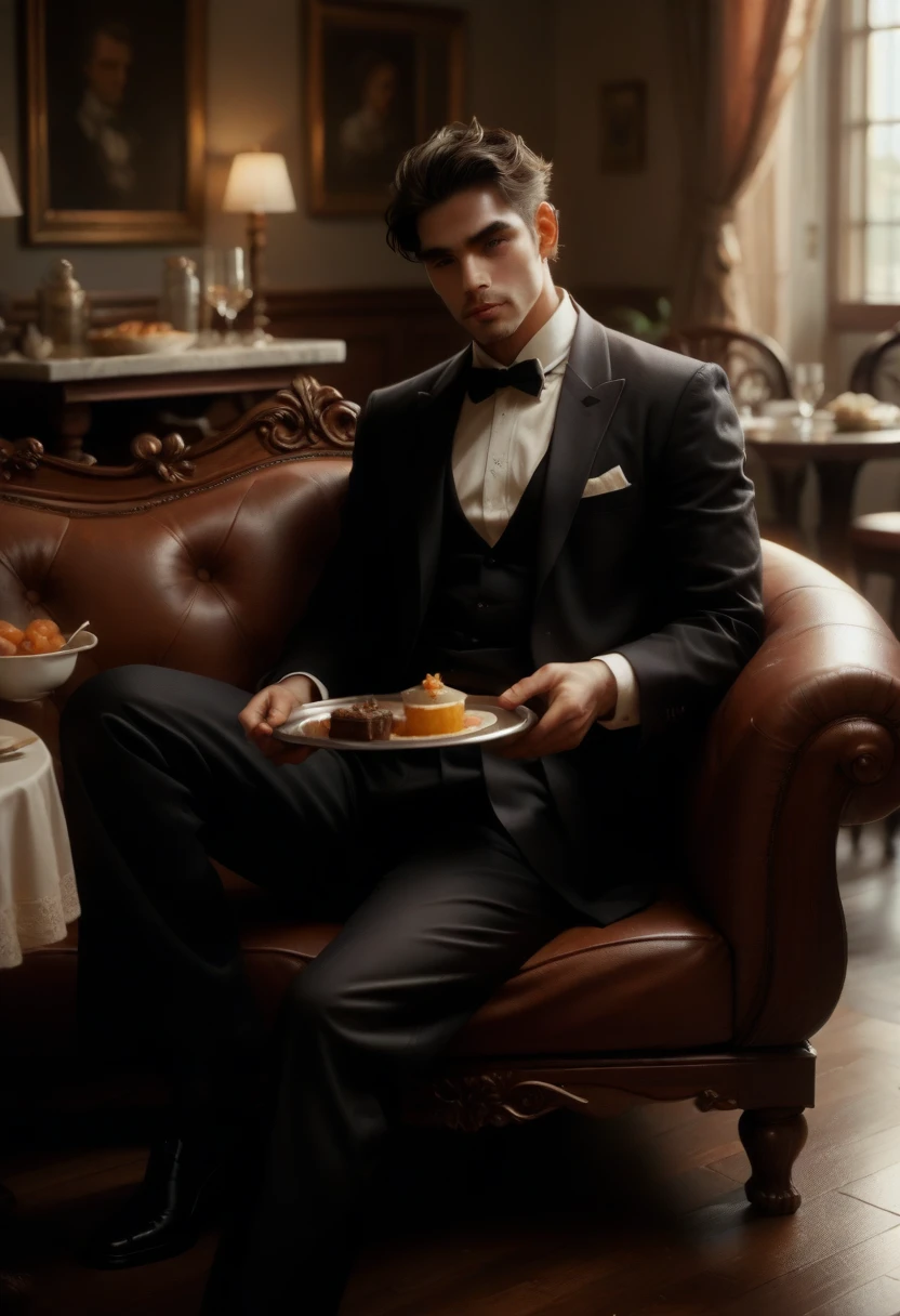 Man lying on chaise lounge, next to him has a butler holding a tray with food, ultra-realism.
