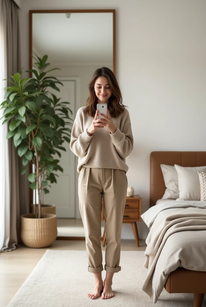 A young woman in her twenties, Caucasian with slightly wavy, shoulder-length brown hair, stands in her modern bedroom. She wears a beige knit sweater with a round neck and beige chinos rolled up just above the ankles, revealing her bare feet placed delicately on a soft carpet. Her hair falls naturally around her face, framing her delicate features. She holds her smartphone with one hand in front of a large wall mirror, capturing a head-to-toe photo of herself, with a slight smile on her face. The room is modern with neutral colors, minimalist furniture, and a potted green plant in the corner. The large framed mirror reflects her entire figure, adding depth to the scene. Natural light enters through a large window to its left, gently illuminating the room and creating a bright and calming ambiance. Details like a bed with linen sheets, textured cushions, and a designer bedside lamp complete the decor of this contemporary and warm bedroom.