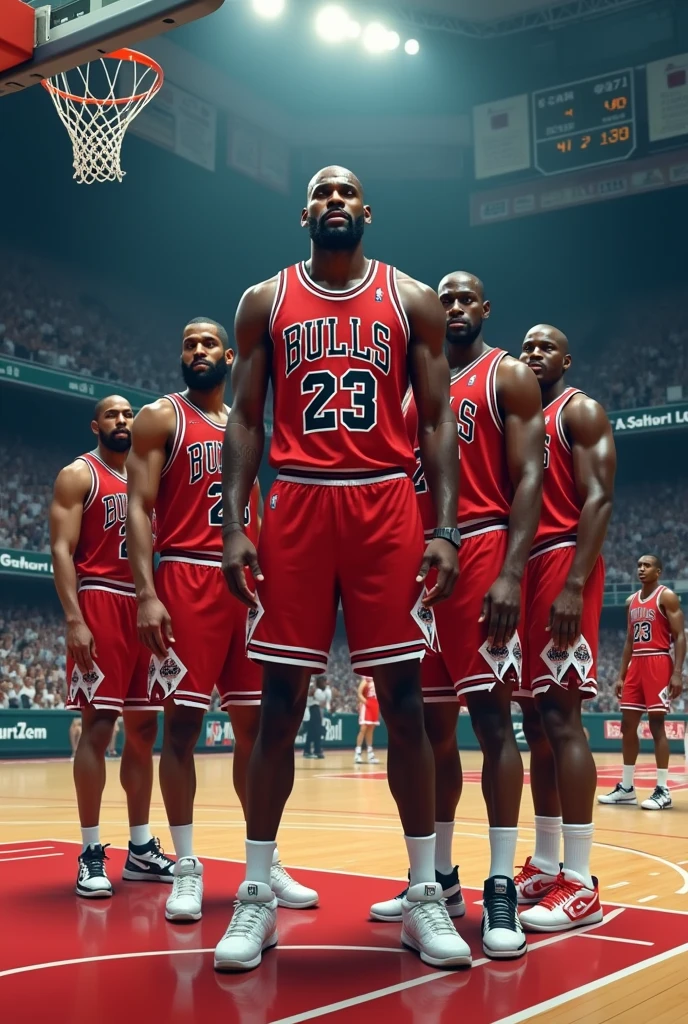 Michael jordan, lebron james,magic johnson, tim duncan, kareem abdul jabbar in 1 picture as a basketball team