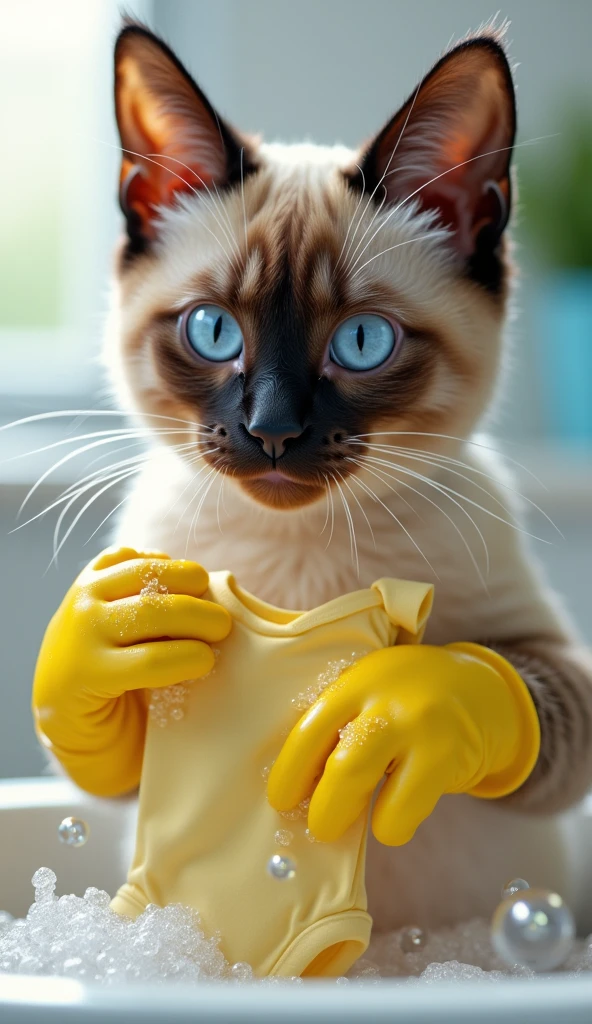 A Siamese cat in a rubber glove is handwashing a baby onesie, detergent bubbles, detailed, 8k