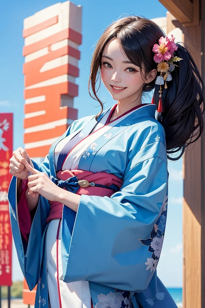 A bust-up of a smiling beautiful woman in a kimono cooling off on a balcony on a moonlit night