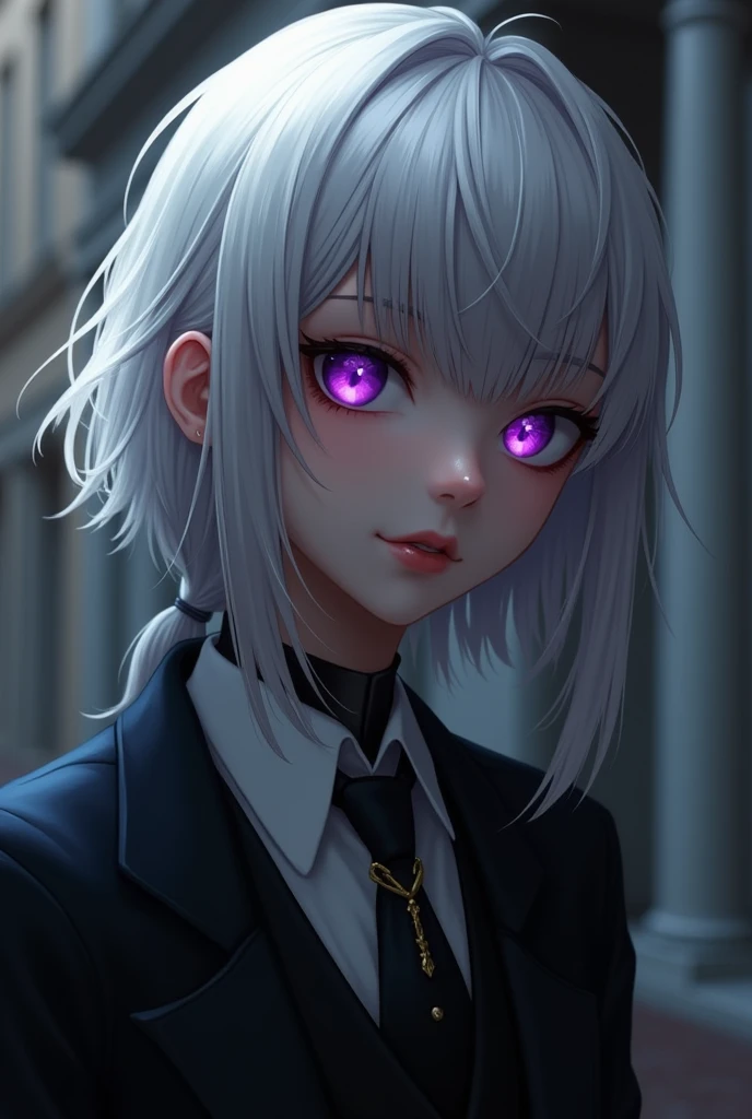 silver hair, Slightly long hair, purple eyes, reply, suit