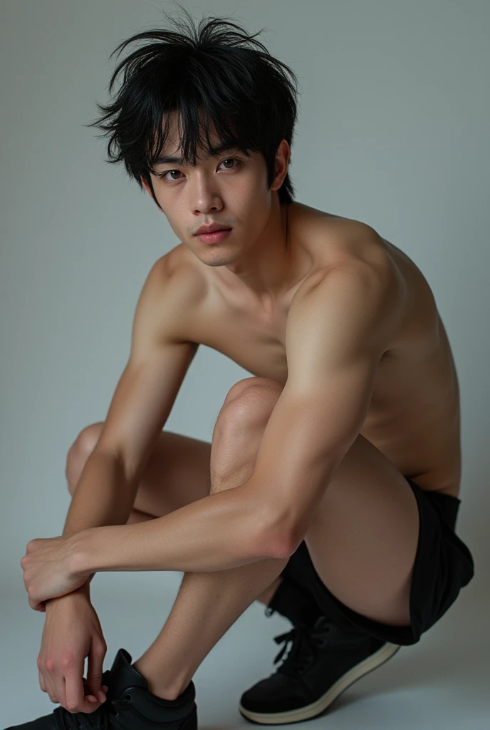 (photoanime1.2), Attractive man, 1, white skin, messy black hair, using a triplet, black sneakers, defined physique, light brown right eye, and the other one is dark blue, and posing