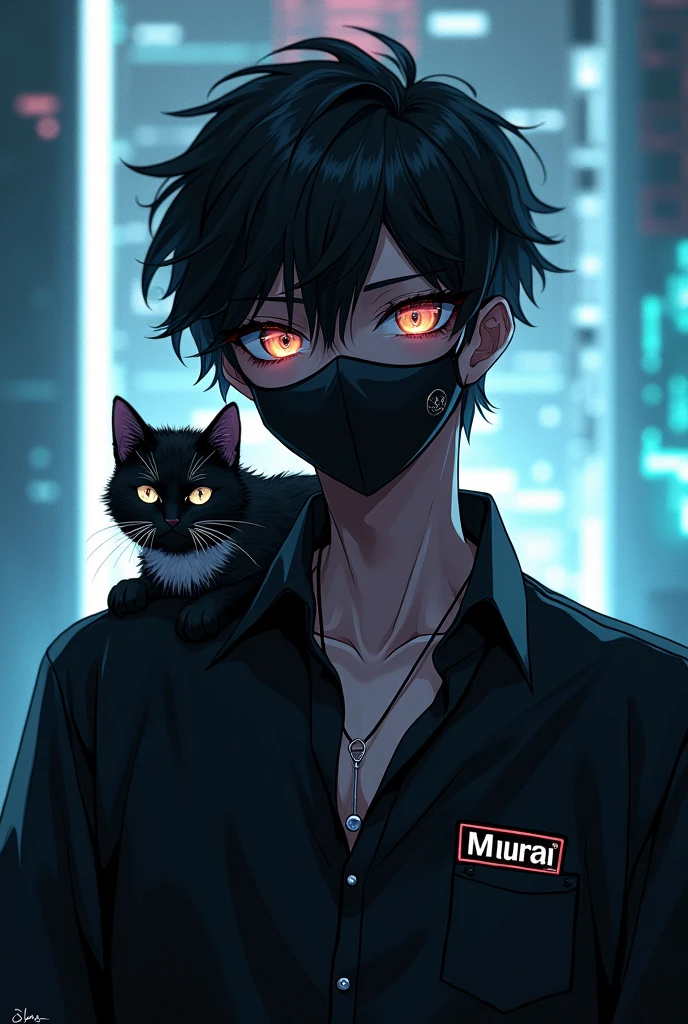 Creat ultra realistic picture where a teen boy He wears a black shirt And a face mask his look is so attractive and handsome his eyes style is cat eyes style on his shirt have a name plate and the name is "Miura".and his side have a cat the background feature is Cyber style area and wall