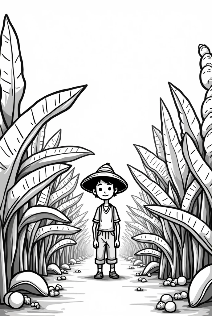 Create a black and white drawing that shows a farmer looking at his large banana plantation. Don&#39;t make it too realistic that you can draw it , make it less realistic 