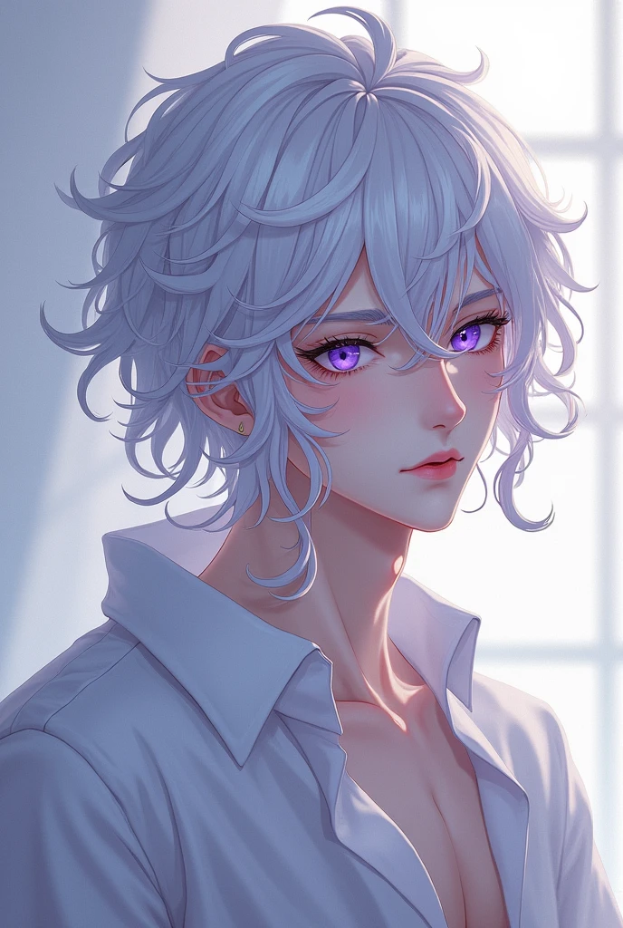 anime character, White hair, Curly hair, Pale skin, Purple eyes, Long white eyelashes, male