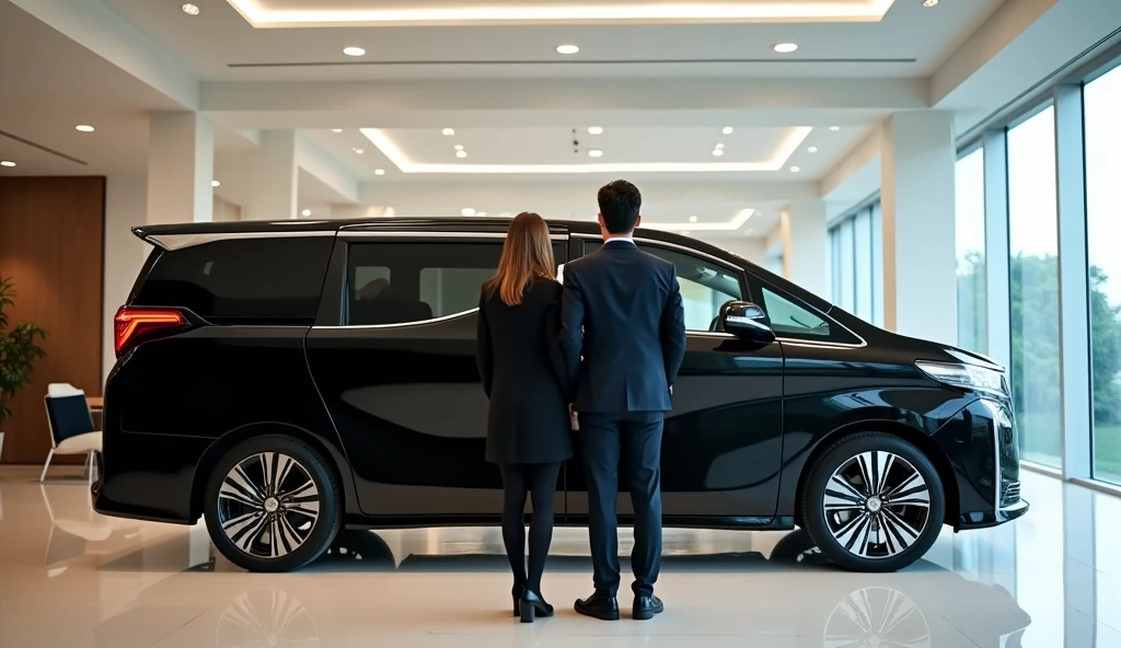 A married couple stands with their backs to the camera next to a black luxury Voyah Dream minivan in a car showroom, full body