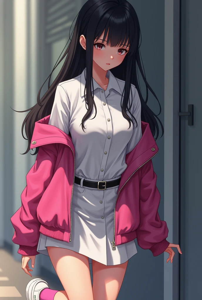 A high school girl with long black hair is wearing a white button-up shirt., Wear a white skirt、,Tighten your black belt、He is wearing a dark shocking pink satin jacket with no collar and a zipper.。Pink socks on delicate bare legs、Wearing white sneakers。She is posing cutely, leaning forward as if to flatter the man.、I&#39;m trembling, unable to hide the fear inside me.。
