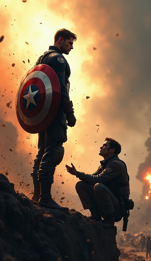 Illustrate a powerful and emotional scene where Captain America faces the heart-wrenching dilemma of changing the past. In the foreground, Captain America stands on a battlefield from World War II, reaching out toward a moment frozen in time—Bucky Barnes in mortal danger. His hand is outstretched, fingers trembling with hesitation, as he battles with the decision of whether or not to intervene.
Bucky is depicted in a life-or-death situation, perhaps hanging from a cliff edge or caught in the blast of an explosion, his face showing a mixture of fear and determination. The scene around them is charged with tension: debris and dirt suspended in mid-air, flames from an explosion halted in their tracks, and soldiers frozen in the midst of combat.
Captain America's face is a study in inner conflict, his brows furrowed, and his eyes filled with anguish as he weighs the consequences of altering the timeline. His iconic shield is slung across his back, slightly obscured, as if forgotten in this moment of deep contemplation. His stance is tense, with one foot planted forward, ready to move, but his body pulled back by the weight of the decision.
The background is blurred, focusing all attention on the intense emotional struggle between Captain America and the image of Bucky. Subtle distortions in the air around Captain America suggest the pressure of time being held at bay, with faint echoes of past memories swirling faintly around him, hinting at the possible outcomes of his choice.
The lighting is dramatic, with a harsh, golden glow highlighting the figures of Captain America and Bucky, while the surrounding environment remains in shadow, adding to the gravity of the moment. The overall atmosphere should convey a sense of urgency, sorrow, and the profound weight of the decision Captain America faces, as he stands on the precipice of altering history."