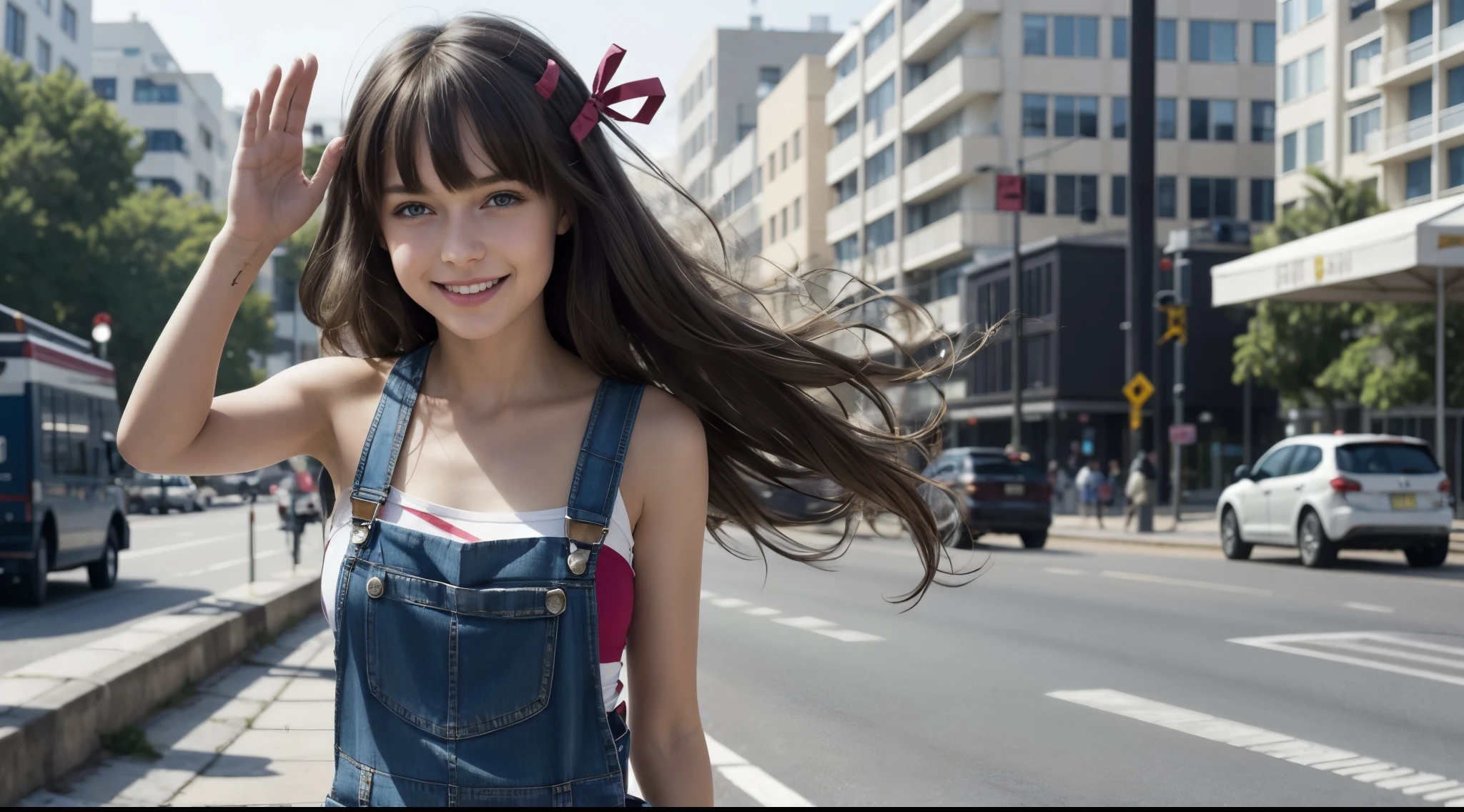 girl wearing naked overalls, BREAK, 1girl, (solo:1.4), raised one arm high straight, waving hand, naked overalls, detailed face, looking at viewer, smile, open mouth, happy expression, very long straight hair, bangs, (big ribbon on hair:1.2), armpit, sideboob, (****, cute:1.4), (breasts:1.2), beach, road side, blurry background, bokeh,