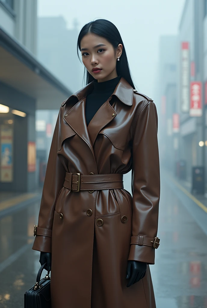 real life modern Photo. full body view of a radiant Japanese woman. large breasts. 24 years-old. straight black hair pinned back with bangs. narrow eyes. Traditional beauty. smoky eyeshadow. evening makeup.  small pearl earrings. Wearing brown pvc macintosh coat with high collar. belted at waist. (Long, tight fitted dark brown leather gloves). Black heel boots. Holding black purse.  Smiling happy and fashion pose. In front of side entrance to Shinjuku station Tokyo. Winter. heavy fog