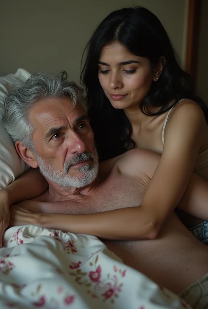 a elderly man 95 years old, naked, (extremely Full long beard, mustache), inflated face, Chubby face, Men's short haircut in the Caesar style, He is kissing his wife on the mouth in bed in a moment of love, orgasm, feeling a lot of pleasure in sex, ecstasy, cum, focus in faces, uhd, 4k, masterpierce, high resolution