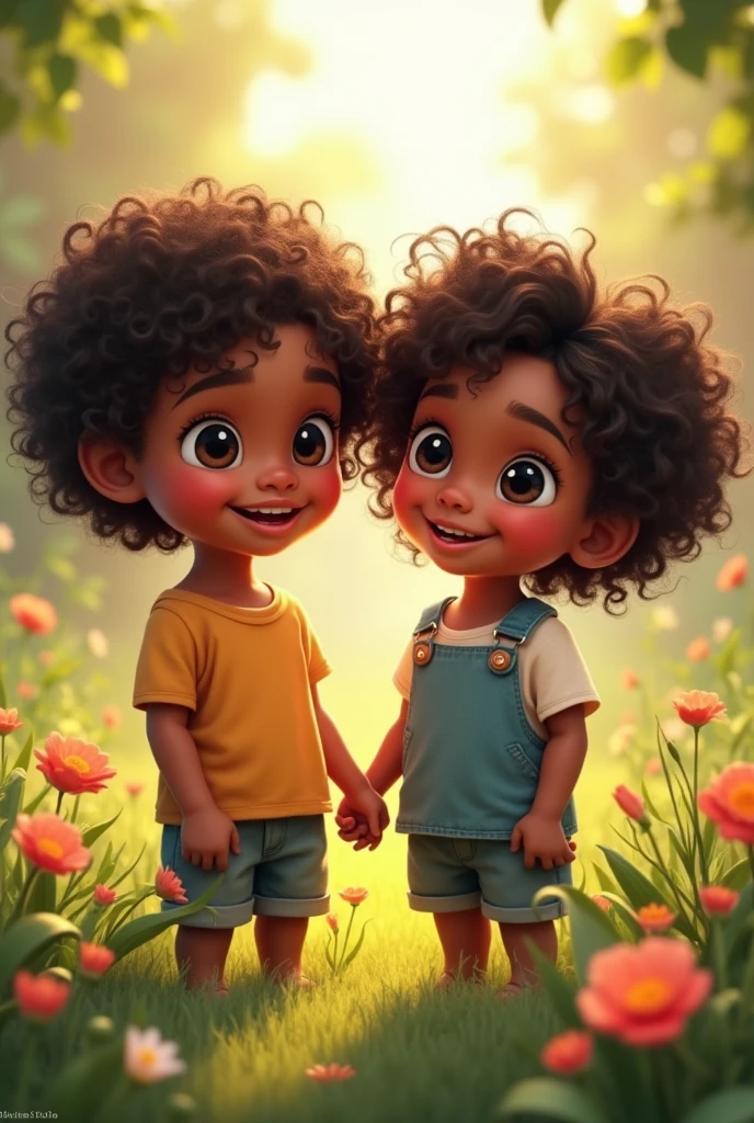 Picture of twins, girl and boy. Dark complexion and wavy hair. They appear together in a happy and friendly environment