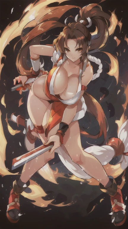 anime girl with a sword and fire in her hand, Mai Shiranui, Kunoichi, Yoko Matsugane as Mai Shiranui, Ikki tousen, seductive anime girl, Guilty Gear art style, Katana on fire, fox and bush, Tifa, female action anime girl, hot fire goddess, fire!! Whole body, wielding kunai