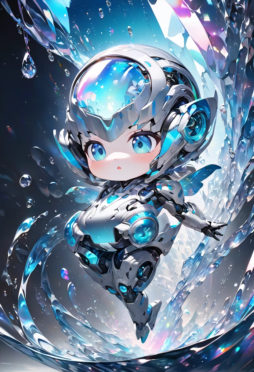 conceptual installation fantasy art, cute chibi animal-based android cyborg trapped in a falling ice drop, background iridescent metallic Tiffany Blue, (ultra detailed, absolutely resolution, best quality:1.3), 2.5D, delicate and dynamic effects, glitter effects, artistic photography, hyper realistic, graphic CG digital art