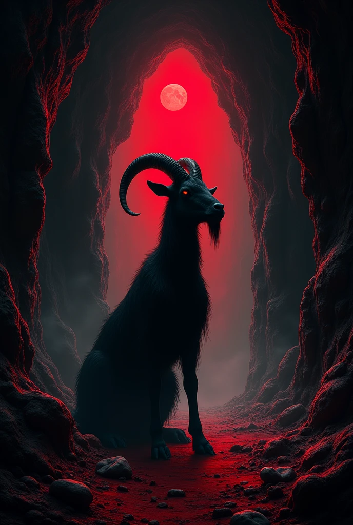 Create a flyer for an event Size: 8,5 x 11 inches Resolution: 1080p Elements: Dark cave with satanic pentagrams in the corners, little red moon, Satanic Goat Colors: black and red