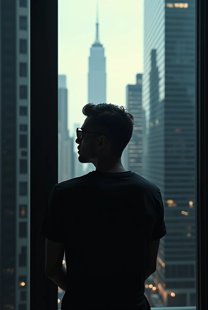 A man seeing in window in black shirt and black sunglasses standing between sky scrapers half photo