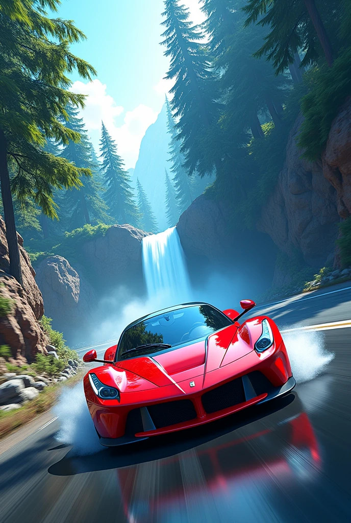 A car in red driving with blue tree and water fall